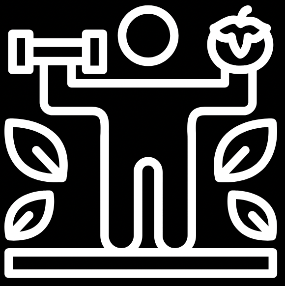 Icône "conseils nutritionnels", elle représente un bonhomme avec dans une main une pomme et l'autre un altère.