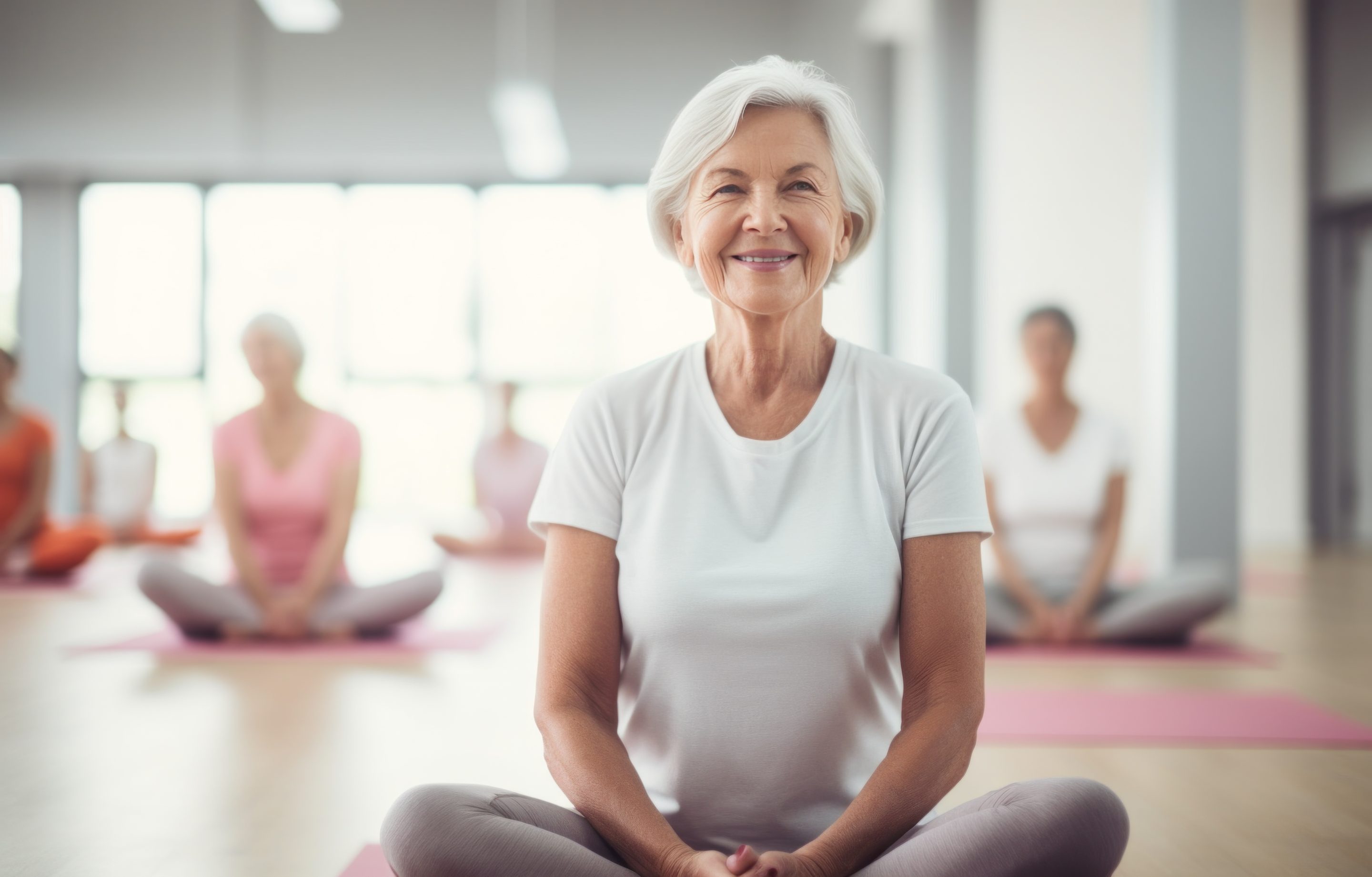 des personnes âgées pratiquant le yoga dans la salle de sport. Bienfaits de l'activité physique